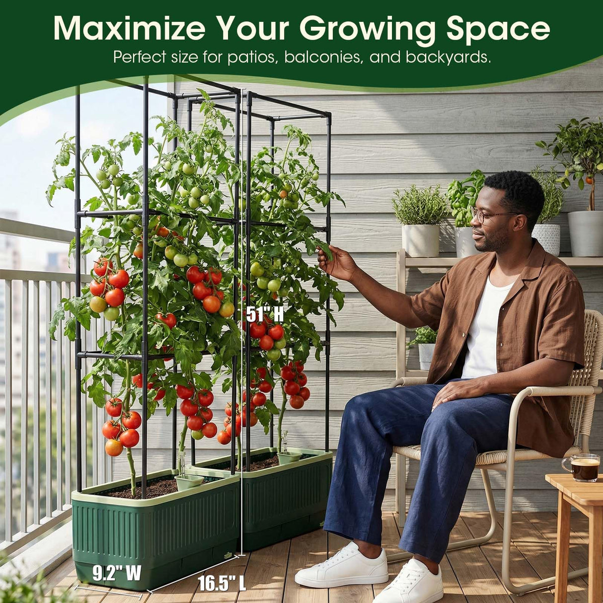 MQHUAYU 2 Pack 51" Self Watering Planter Box with Trellis, Tomato Planter Trellis for Raised Garden Bed, Tomato Cage with Visual Water Indicator, Indoor Outdoor Tomato Cages for Garden Patio