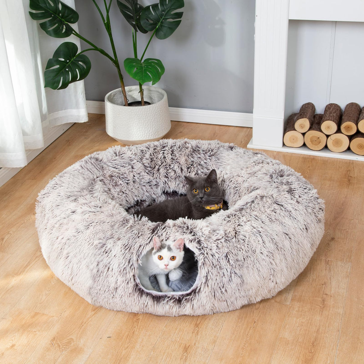 LUCKITTY Warm Fluffy Plush Cat Tunnel Bed Under Christmas Tree Big Tube Playground Toys 3 FT Diameter Longer Crinkle Collapsible 3 Way, for Indoor Cat Kitty Kitten Puppy Rabbit Ferret Brown
