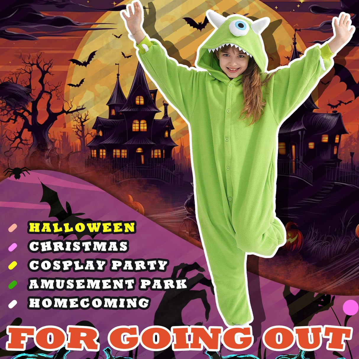 Beauty Shine Onesie Cartoon Animal Costume One Piece Pajamas Cosplay Halloween Christmas Sleepwear Jumpsuit Homewear (US, Age, 10 Years, Mike Wazowski)