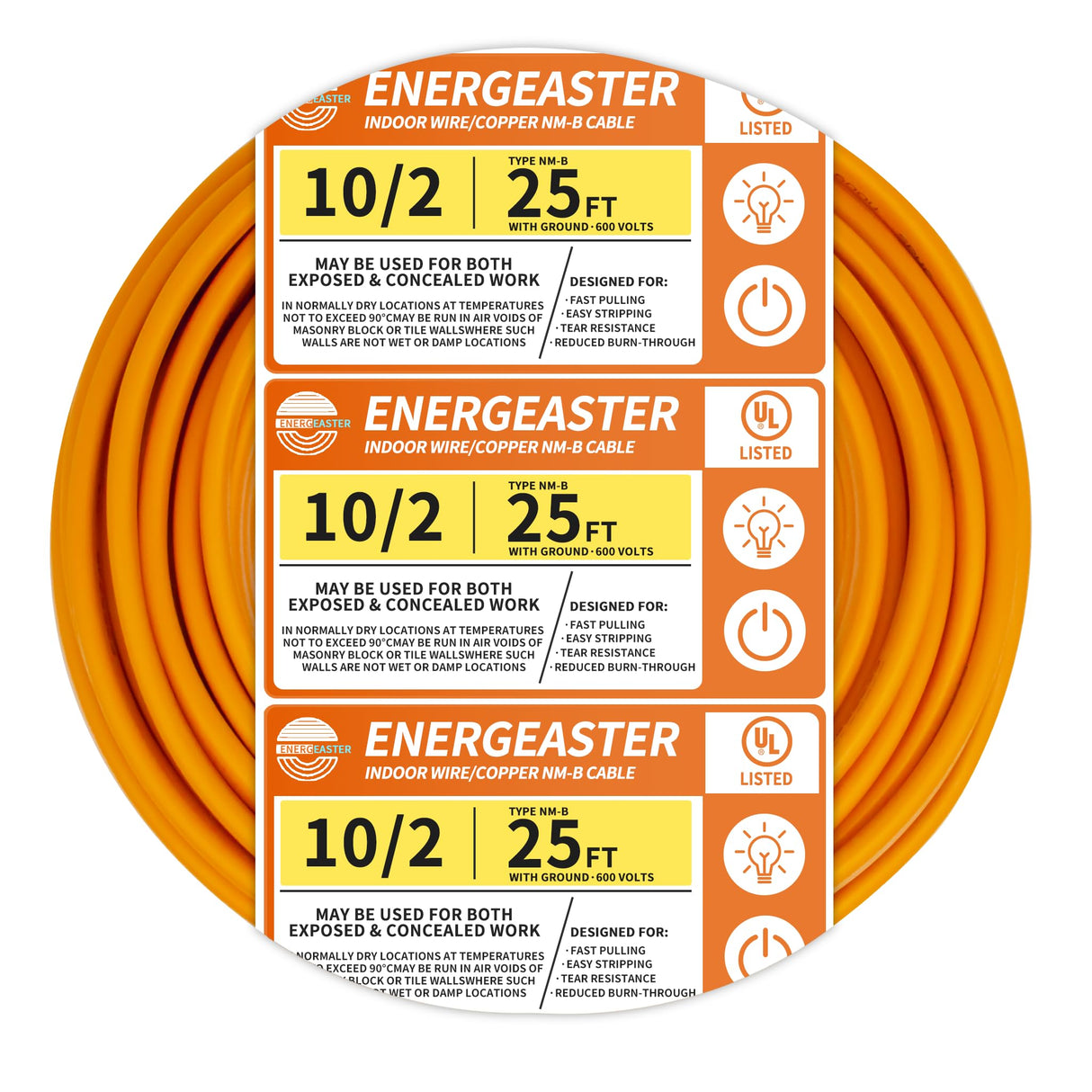 Energeaster 10/2 NM-B Wire,with Ground Indoor Electrical Copper Wire，10 Gauge Wire 2 Conductor Non-Metallic Sheathed Copper Cable(25FT Orange)