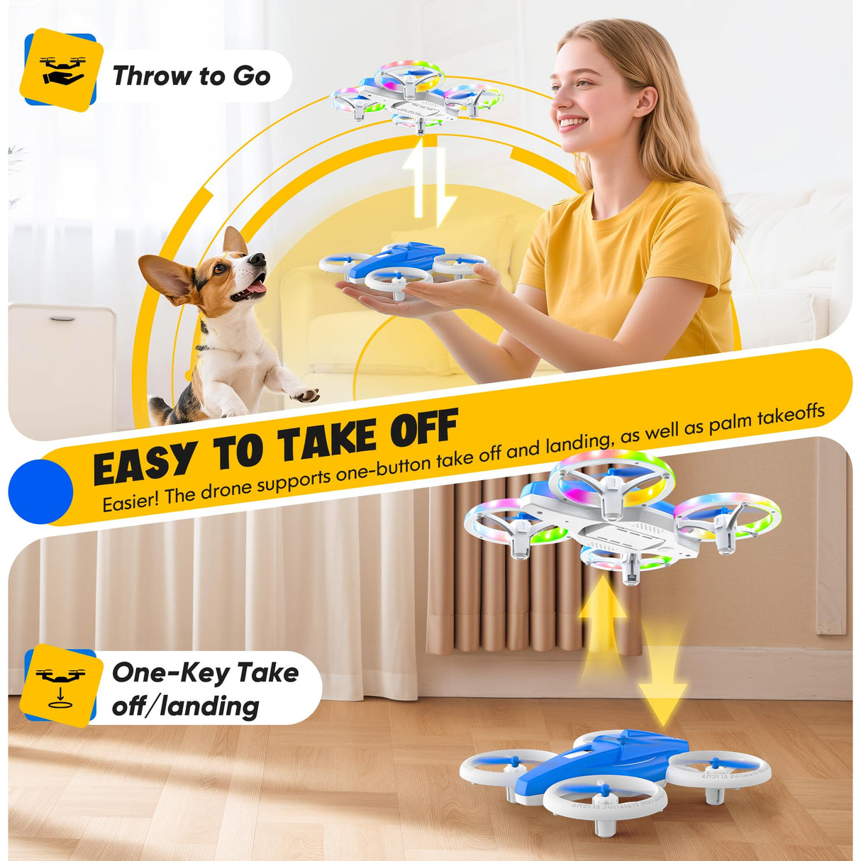 ALTITACO Drones for Kids With Cool Light, Kids Drone with 3D Flip, Altitude-Hold, Self-Rotation, Headless Mode, 3 Speed Modes, One-Click Take-off/Landing, Mini Drone for Christmas, Beginners, Indoor
