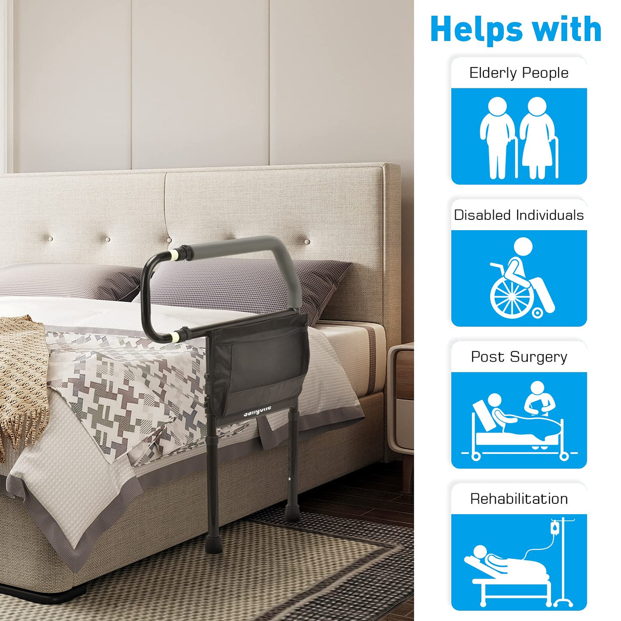 Sangohe Bed Rail for Elderly, Bed Assist Grab Bar Handle with Storage Pocket, Safety Bed Rails for Elderly Adults Getting in & Out of Bed at Home and Dorm - Fit King, Queen, Full, Twin