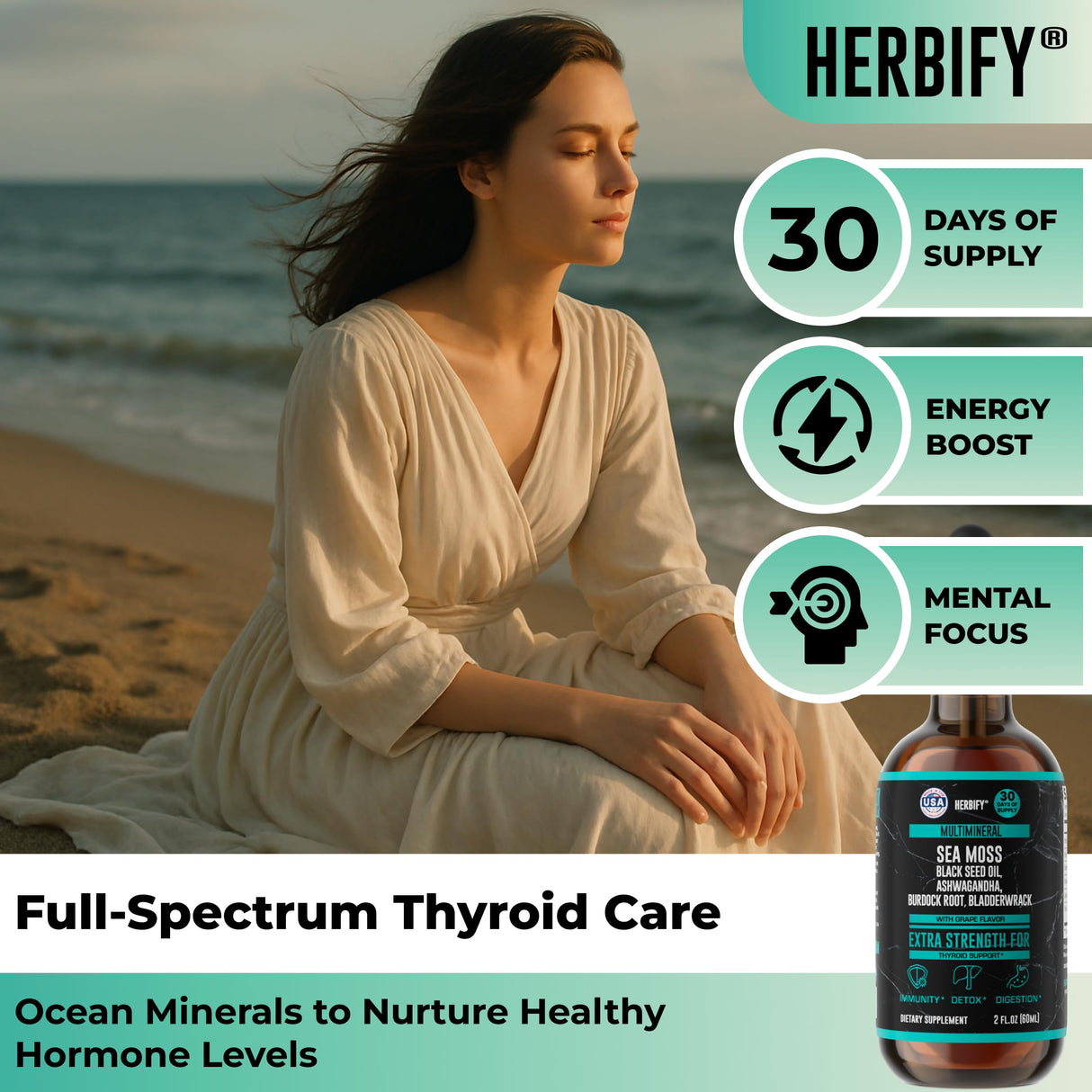 Sea Moss Multimineral Liquid Supplement - Irish Sea Moss Black Seed Oil Ashwagandha Burdock Root Bladderwrack - Gut Health, Immune & Thyroid Support for Women - Grape Flavor - 2 Fl Oz - Made in USA
