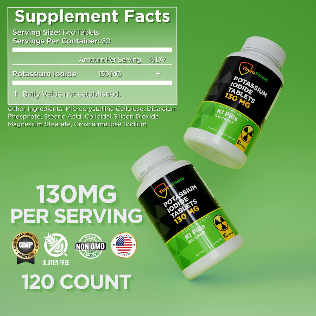 Potassium Iodide Tablets 130 mg | 120ct Iodine Tablets for Radiation Exposure - Potassium Iodine Pills - YODO Naciente - KI Pills - Made in USA - ThyroShield