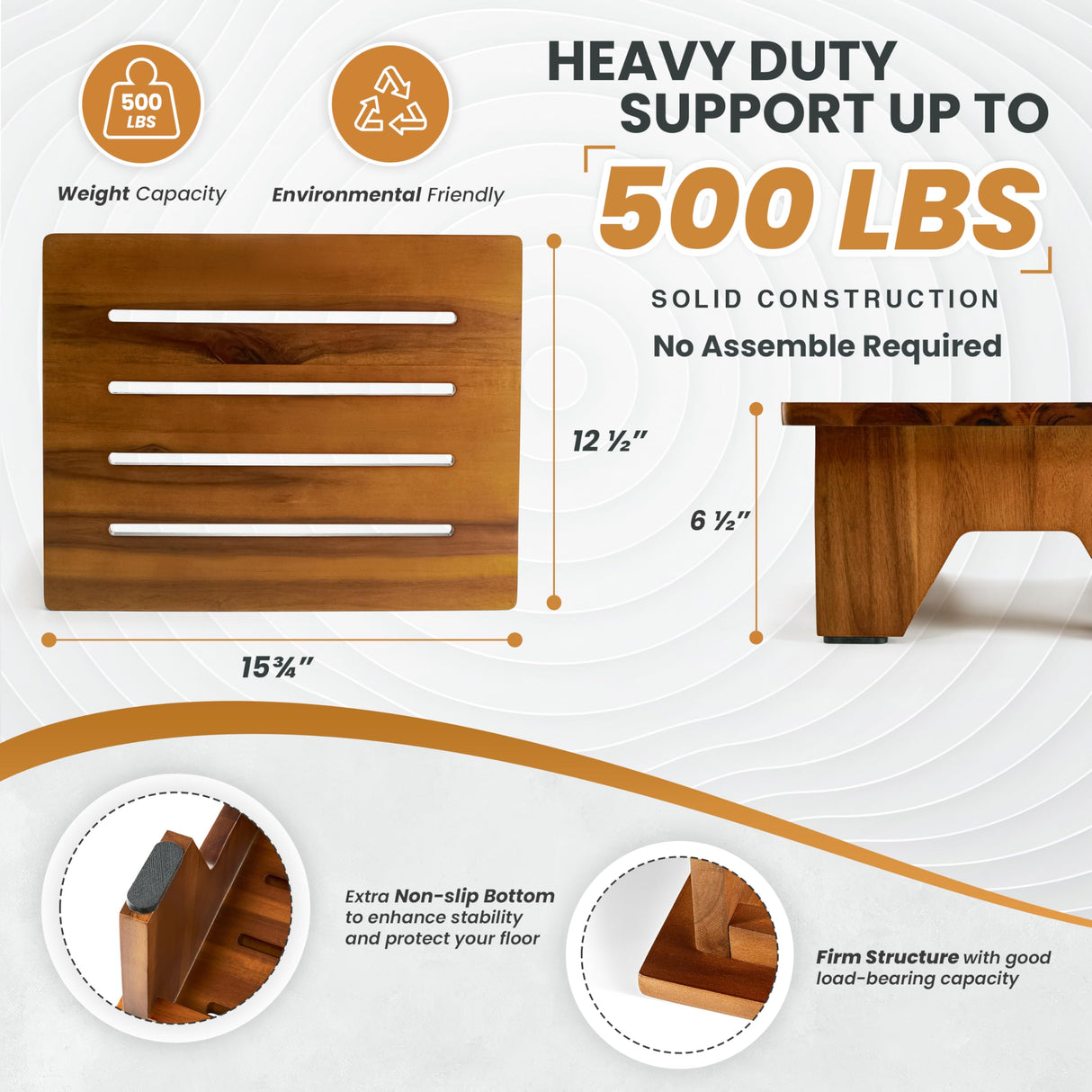 Holana 6.5" Wooden Step Stool for Adults (No Assemble Required)- 500 Lbs One Step Stools for High Bed Riser - Small Stepping Stool for Elderly, Seniors, Kid/Bathroom, Bed, Kitchen (Acacia)