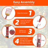 TONYINGO 30FT Reach Fruit Picker with Basket, Telescoping Aluminum Pole 5-24FT, Dual Flip-Lock & Screw Fixing Design for Apple Orange Mango Avocado Lemon Picking