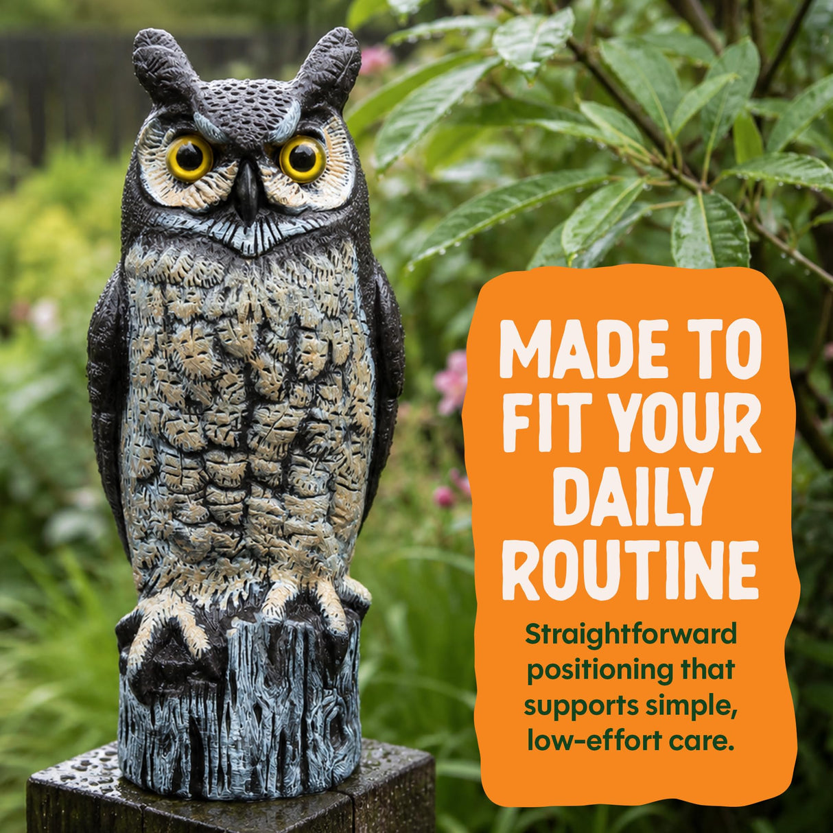Dalen Lifelike Great Horned Owl Decoy Bird Repellent - 16in Hand-Painted Scarecrow for Gardens & Rooftops, Bird Deterrent, Fixed-Head Design, Fill Base with Sand/Gravel Only - Multicolor