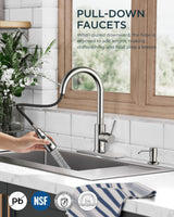 FORIOUS Kitchen Faucets with Soap Dispenser and Pull Down Sprayer, Brushed Nickel, Bar High Arc Single Handle Classic 3 Modes Stainless Steel Faucet for Kitchen Sink Farmhouse RV Laundry Camper