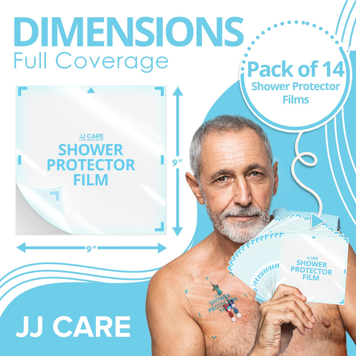 JJ Care Shower Protector [Pack of 14], 9x9 Dialysis Catheter Shower Shileds Wound Cover, PICC Line Water Barrier, Colostomy Waterproof Bandage Protector, 2 Week Supply