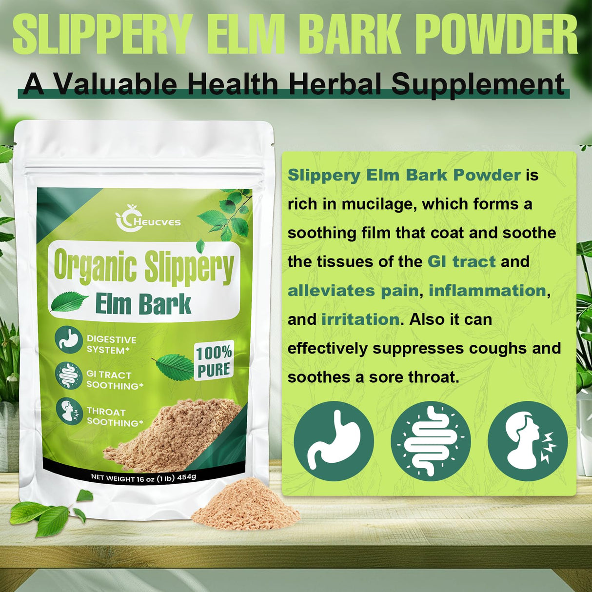 Slippery Elm, Slippery Elm Powder Organic, Elm Bark Made from Inner Bark - 1 Pound (349 Servings), Natural Herbs Helps Soothe The Throat and Coughing & Digestive, Diarrhea - 100% Pure & Vegan