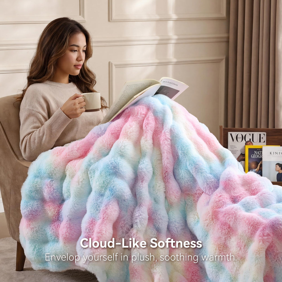 Smoofy Faux Rabbit Fur Throw for Couch - Rainbow Bubble Blanket 50"x60"