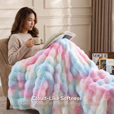 Smoofy Faux Rabbit Fur Throw for Couch - Rainbow Bubble Blanket 50"x60"