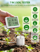 7 in 1 Soil Meter, Digital Soil Test Kit of PH/Sunlight/Fertility/Soil & Air Temp, Humidity Meter for Indoor & Outdoor Plant, Growing Environment Tester with Large LCD Display for Farm, Garden & Lawn