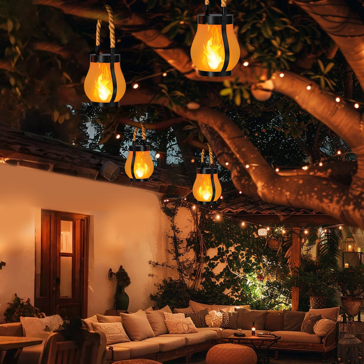 Hompavo Gen2 Solar Lanterns Outdoor with Ultra-Real Flame, Dual Charging (USB/Solar) & 2 Mode - Waterproof Decorative Hanging/Table Lights for Yard Patio Garden Birthday Mothers Day Gifts for Women, 4