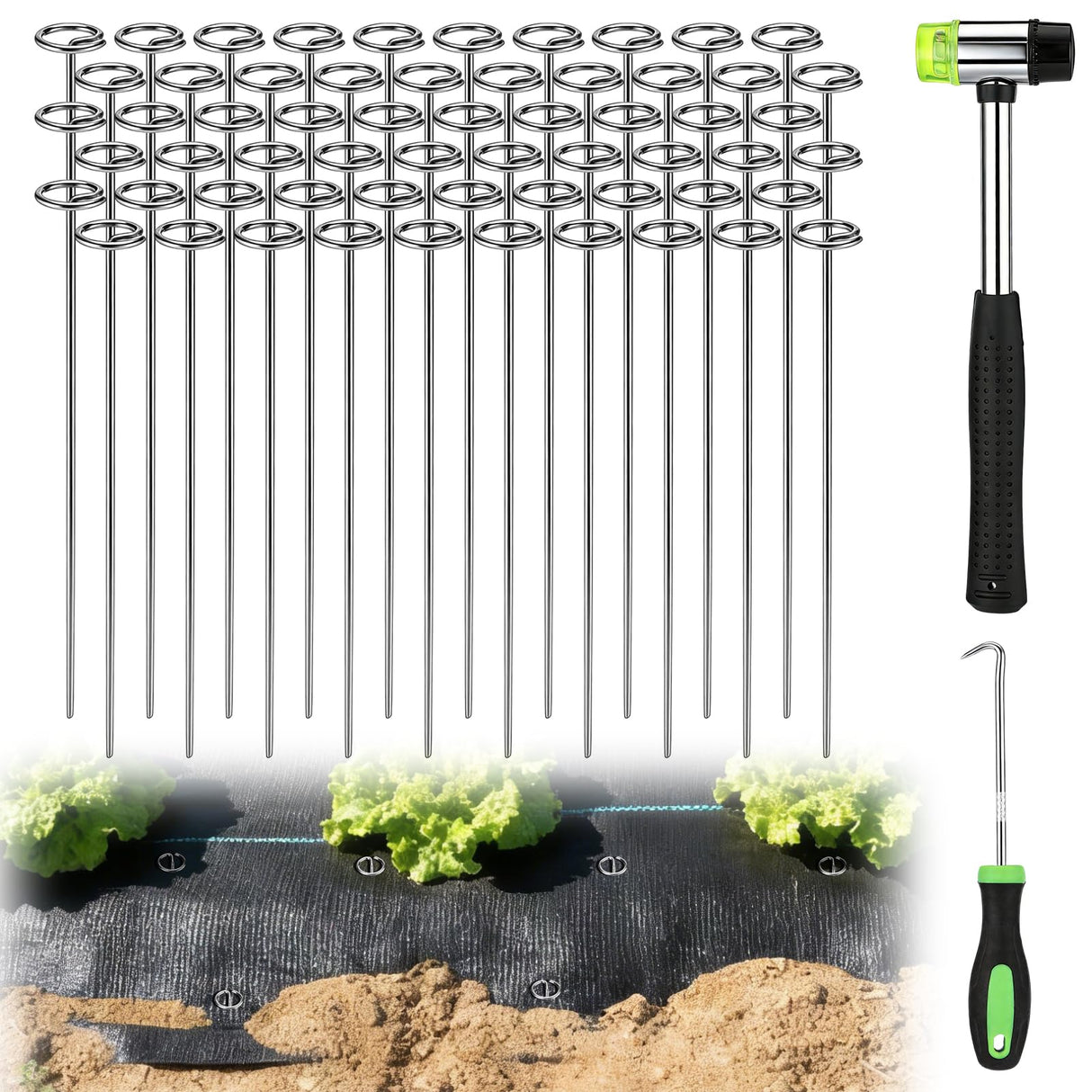 12 Inch Landscape Staples with Hook & Hammer - 60pcs Circle Top Weed Barrier Stakes Kit, 9 Gauge Galvanized Rust-Resistant Garden Fabric Pins, for SOD, Garden Edging, Install & Remove Tools Included