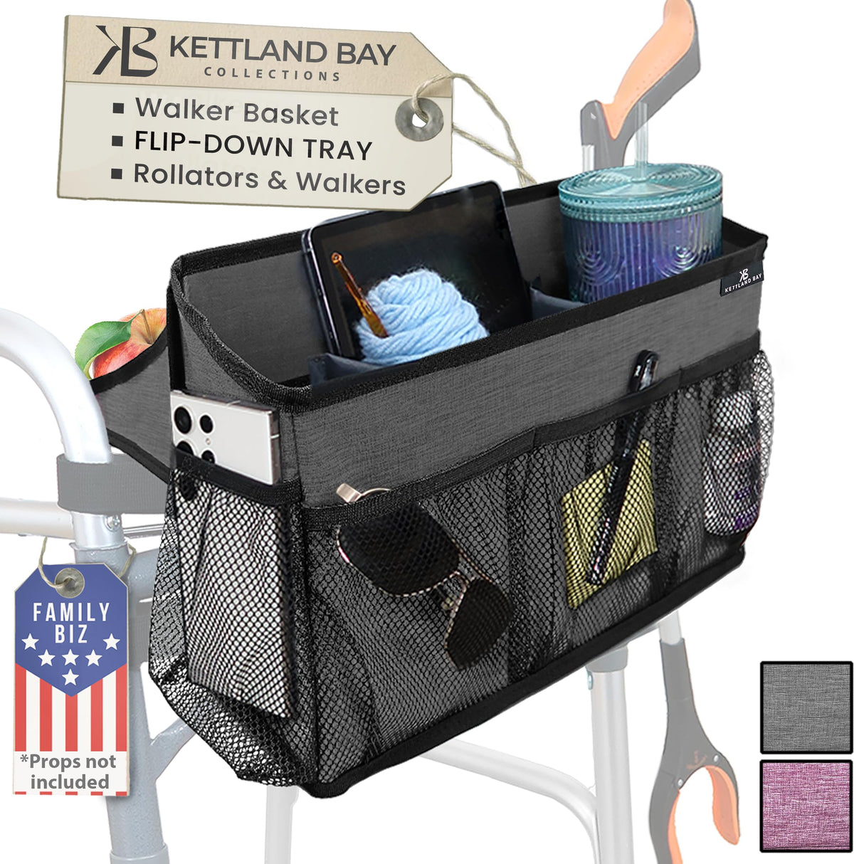 Walker Basket for Folding Walker with Flip-Down Walker Tray Reacher Cane Holder Strap Cup Holder | Basket for Walker Bags for Folding Walker with Wheels, Walker Accessories for Walker Rollator (GRAY)