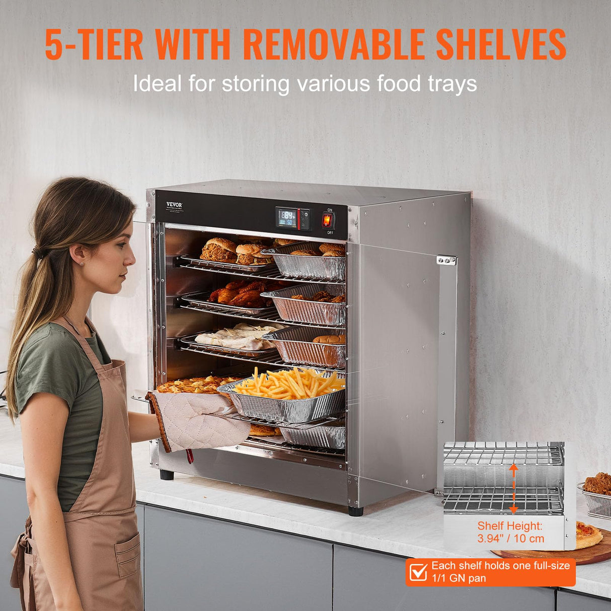 VEVOR Hot Box Food Warmer, 5-Tier Concession Warmer with Water Tray, 5 Pans, Double-Door and Adjustable Shelves, Stainless Steel Food Warmer Cabinet, Ideal for Storing Pizza, Chicken, Restaurant