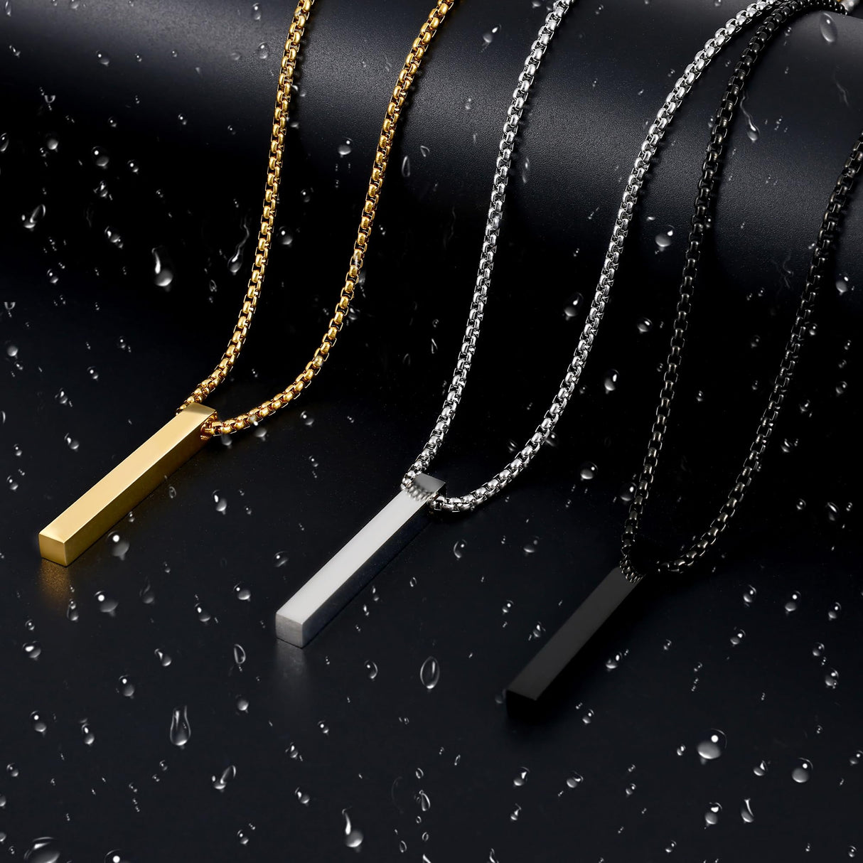Fiusem Black Pendant Necklace for Men, Rectangular Pierced Necklace 26Inch