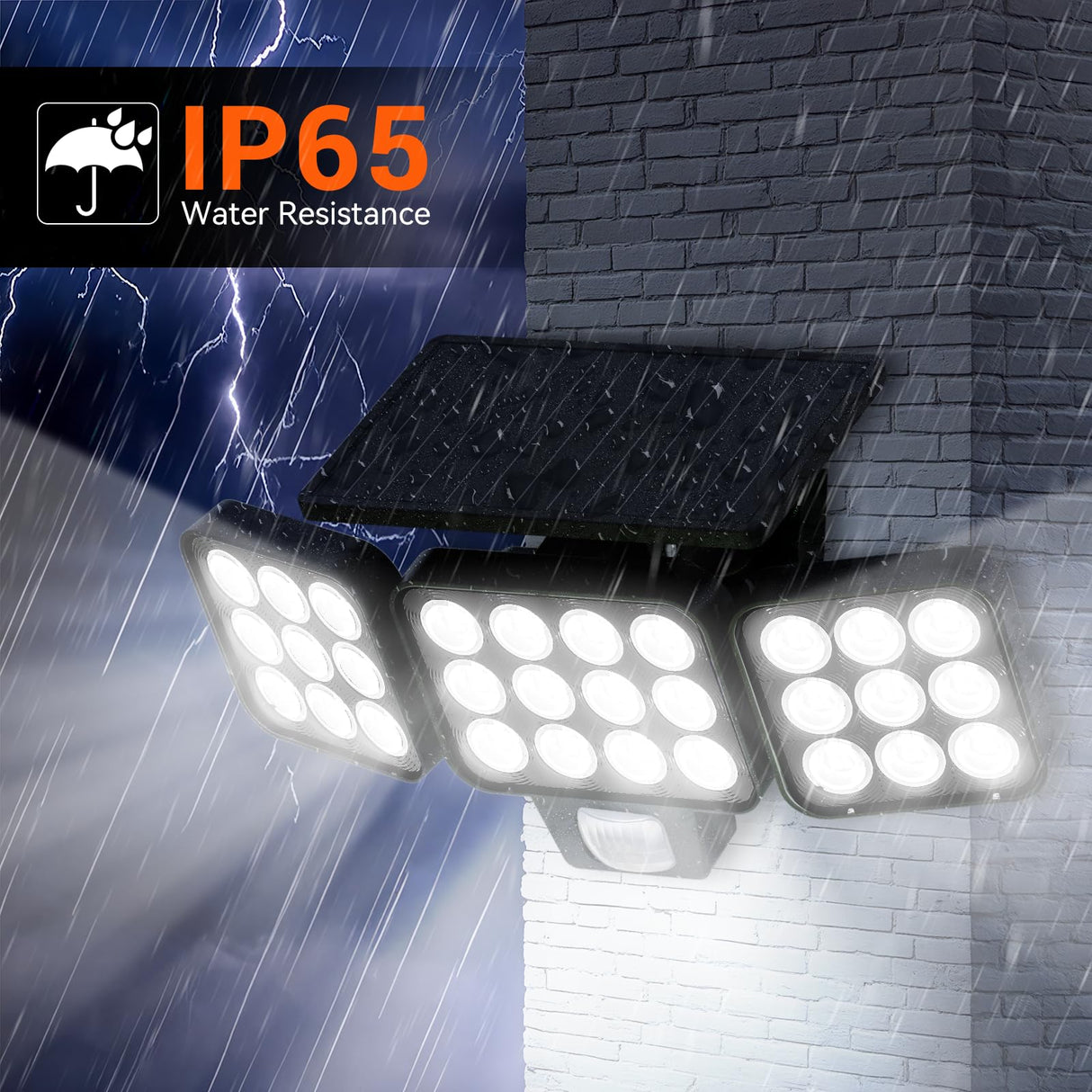 WdtPro Solar Lights Outdoor Flood Light, 3500LM Bright Motion Sensor Outdoor Lights, 3 Heads & Upgrade Glass Panel, LED Solar Powered Security Light Spotlights Waterproof for Outside Yard-2Pack