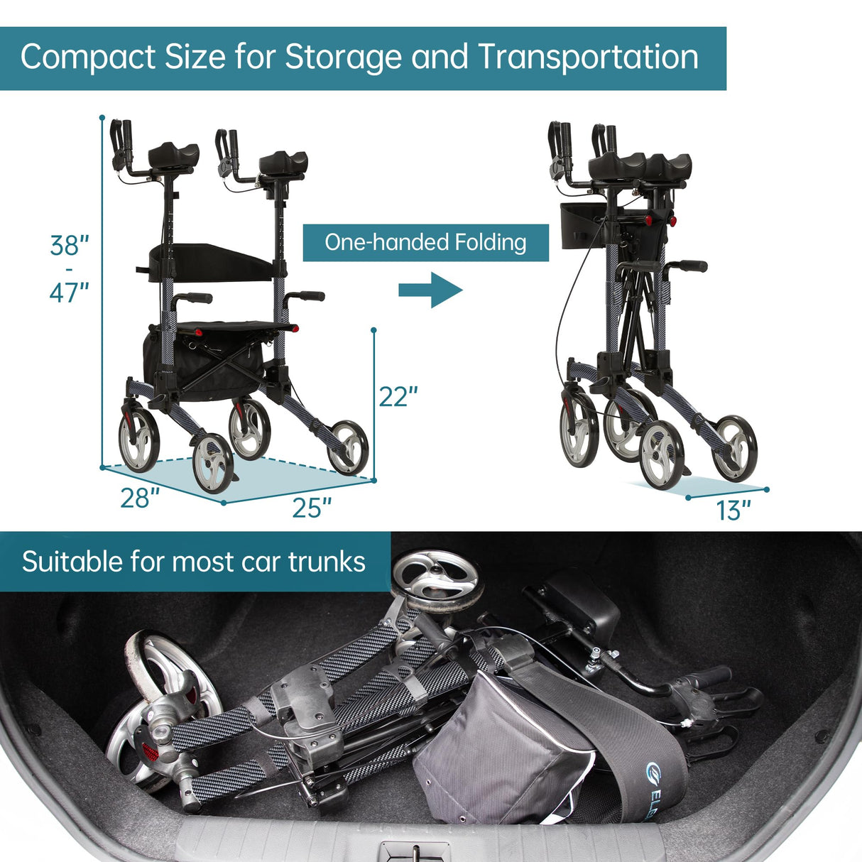 ELENKER Upright Walker, Stand Up Folding Rollator Walker with 10” Front Wheels Backrest Seat and Padded Armrest for Seniors(Carbon Fiber Black)