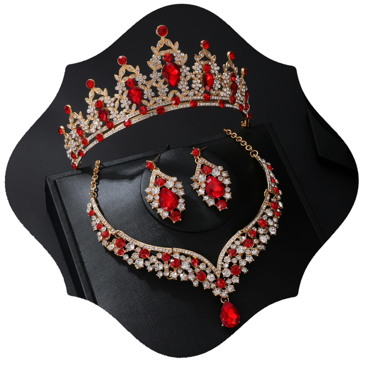 Geurlev Tiaras and Crowns for Women,Tiaras Earrings Necklace, Crystal Bridal Jewelry Set (Gold Red)