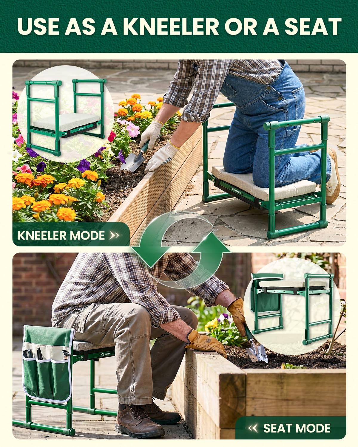 Saker 2026 Upgraded Garden Kneeler and Seat - Gardening Bench Gardening Stool with 500LB Heavy Duty Round-Tube Frame, Soft Kneeling Pad Foldable Support for Elderly, Gardening (Luxury Version)