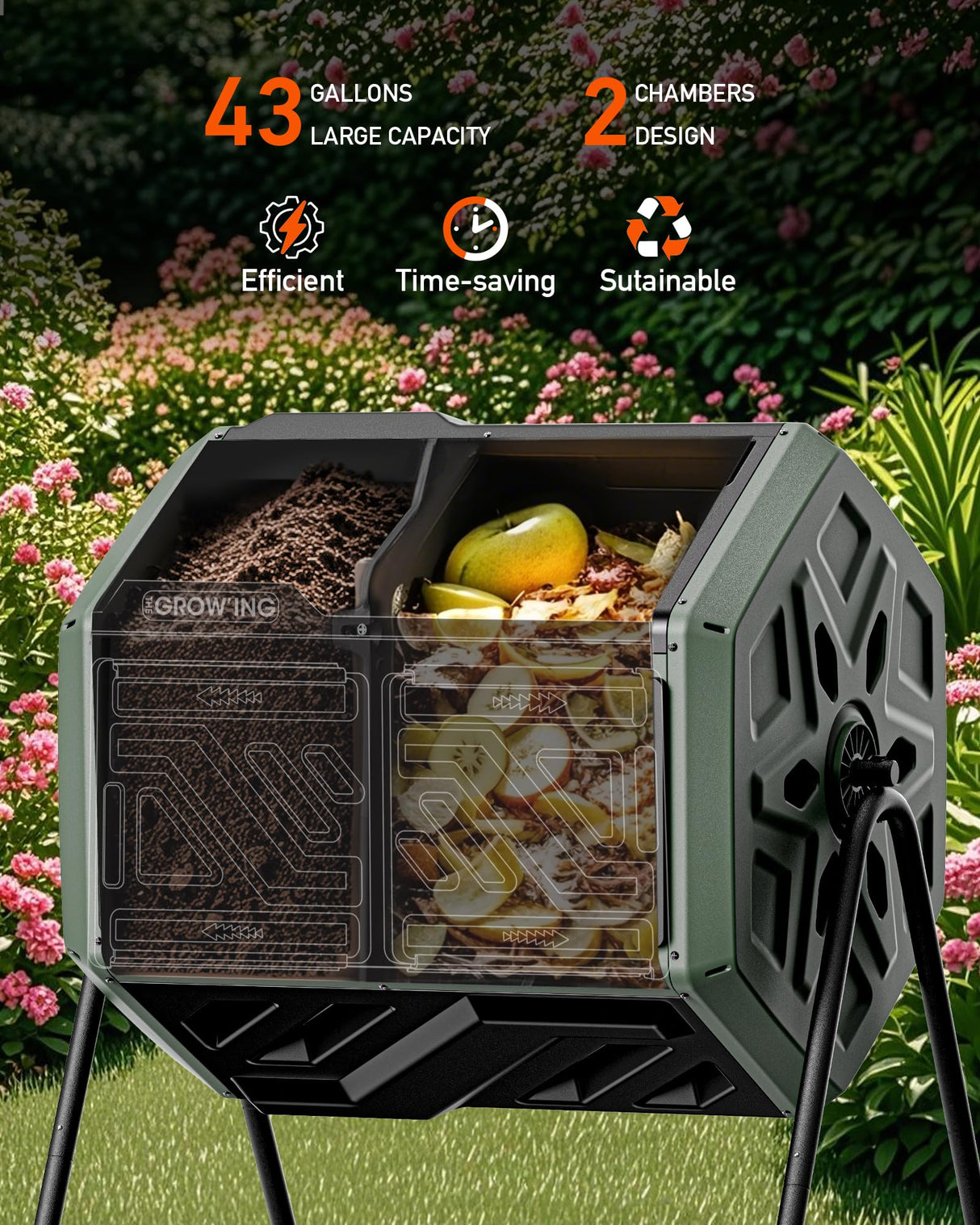 THE Growing 43 Gal Outdoor Compost Bin Tumbler for Backyard Garden, Green
