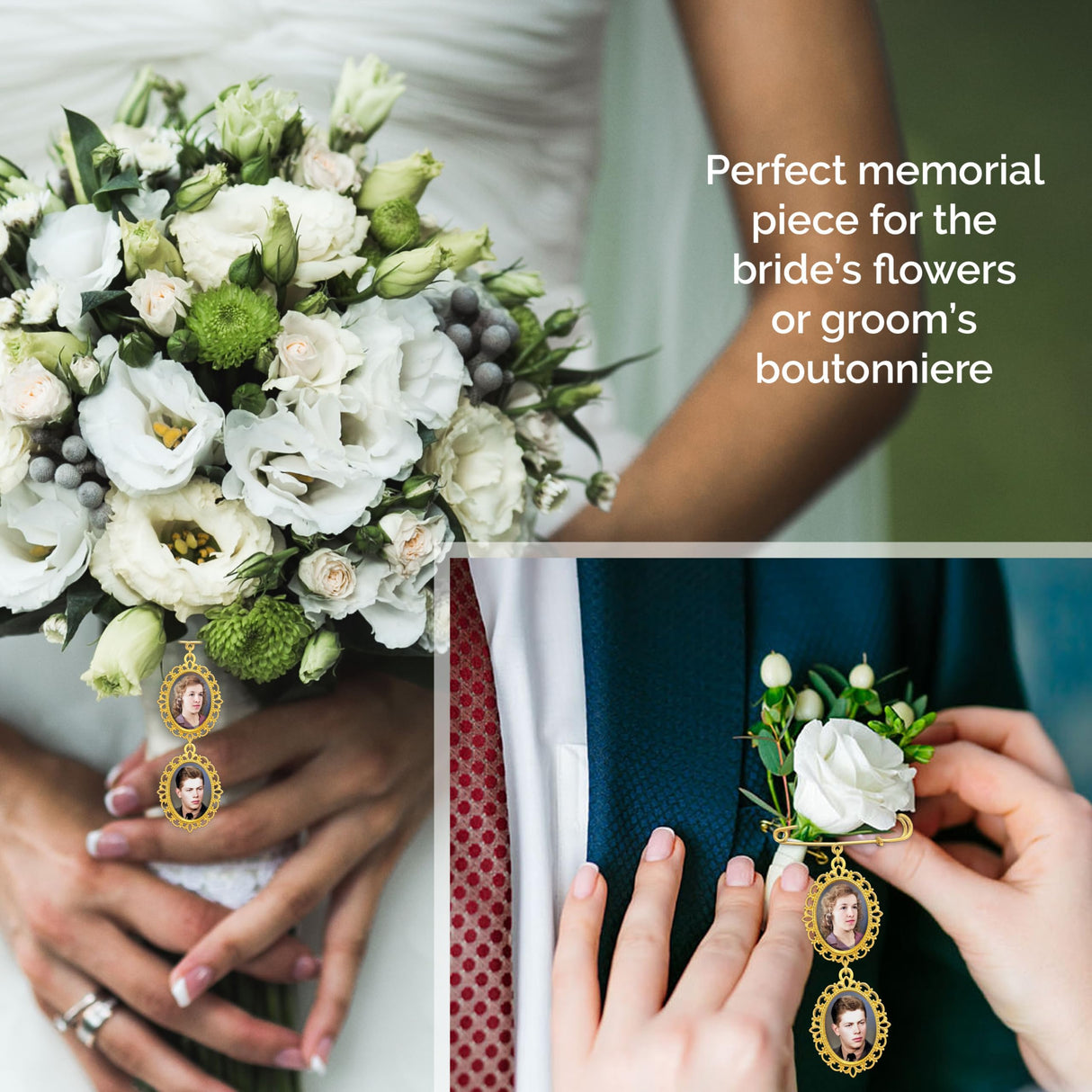 Wedding Bouquet Memorial Remembrance Photo Charm Gold Holds 2 Pictures