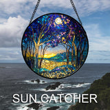 QZQCBLC Stained Glass Window Hanging Blue Purple Forest Trees Landscape Moon 6.3" - Suncatcher Door Garden Sun Catcher Home Decor Birthday Christmas for Mom Men Woman Nana