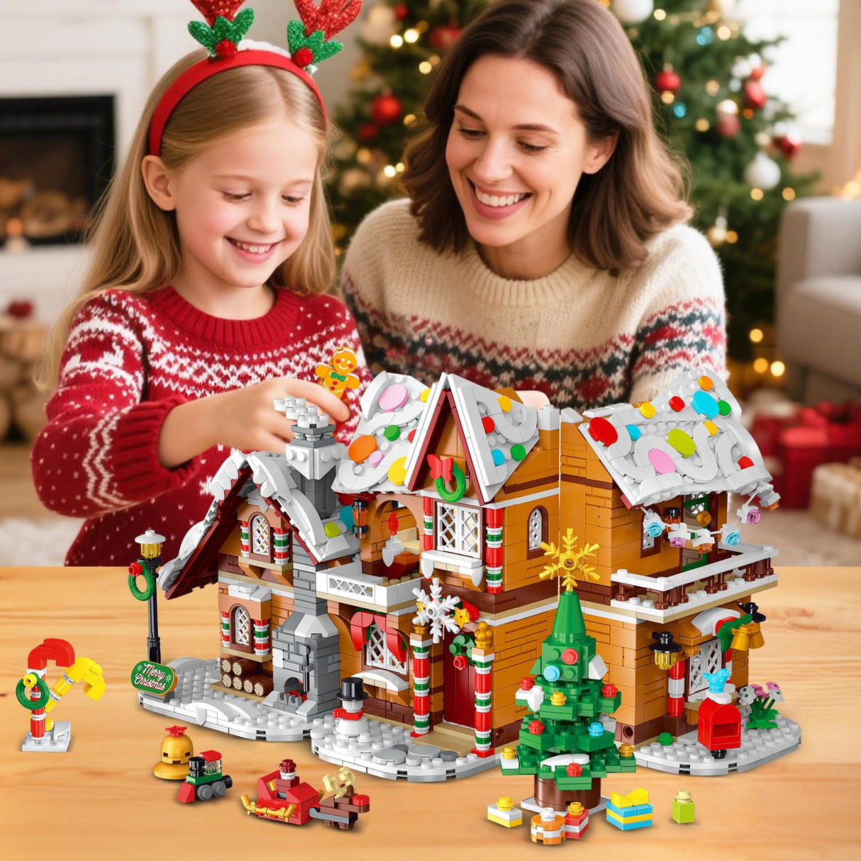 3 Style Christmas Gingerbread House Building Set with Lights - 2025 Christmas Castle Village Building Block Toy with Santa Claus Xmas Tree Train Gifts for Adults Kids Girls Boys Ages 6+ (1477PCS)