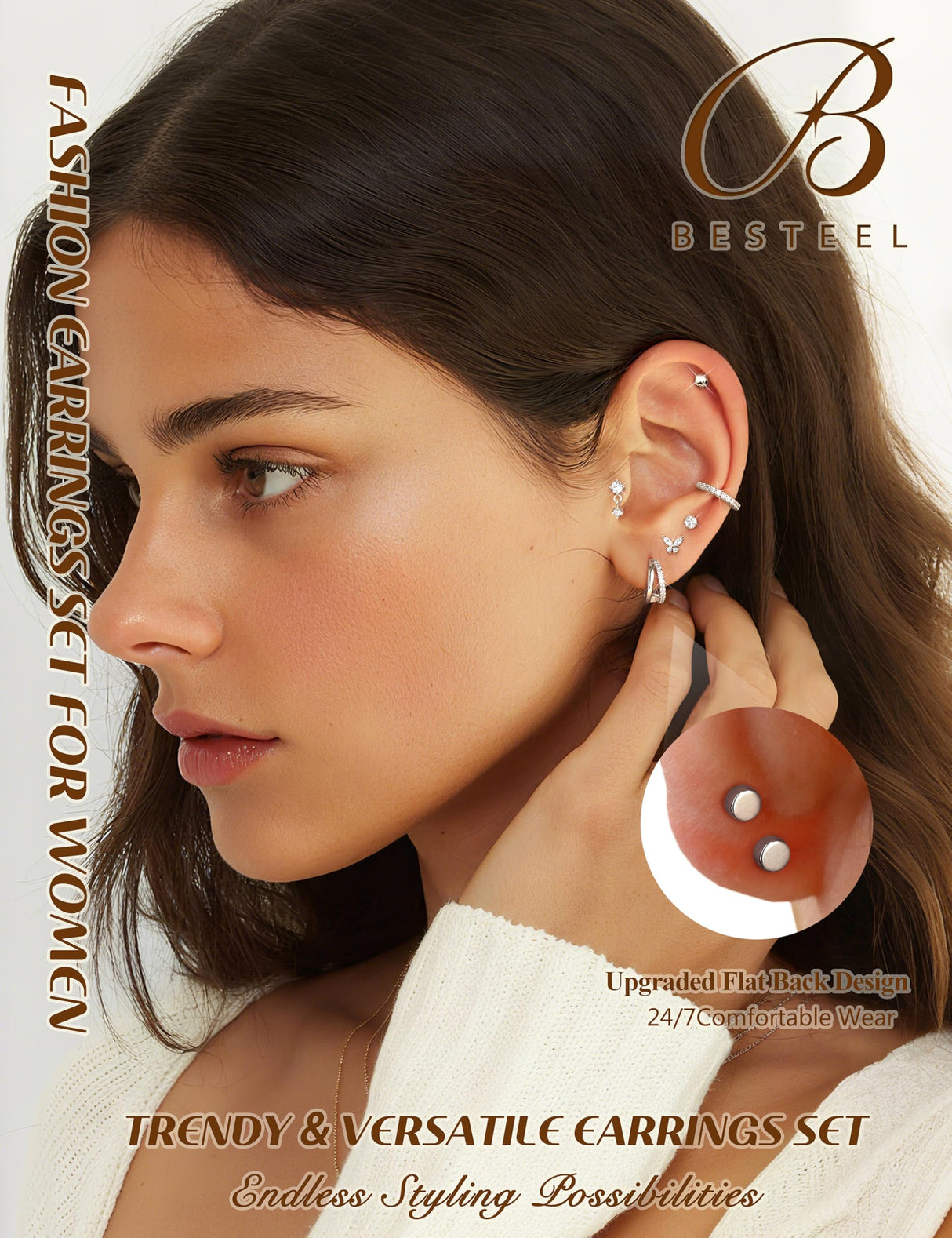 BESTEEL Hypoallergenic Flat Back Earrings for Women Sliver Stud Hoops Set