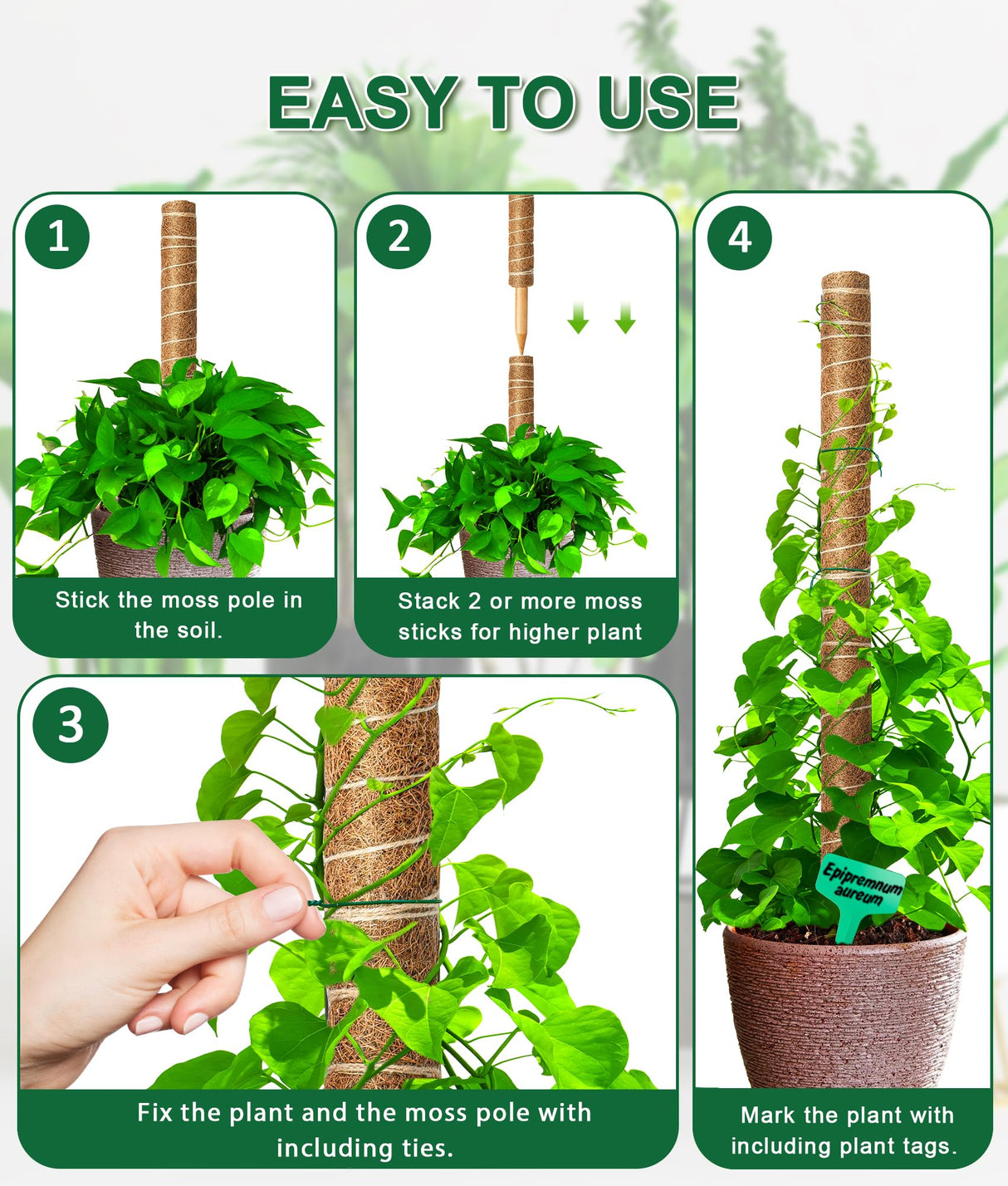 EAONE 96'' Moss Pole for Plants Indoor, 6 Pack 16” Monstera Plant Support Moss Stick for Climbing Plants, Stackable Coir Totem Pole Monstera Stakes with 12 Plant Labels & 100 Ties for Potted Plants
