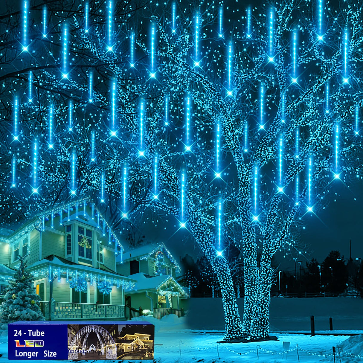 Outdoor Christmas Decorations, 24Tubes Meteor Shower Lights (Equal to 3 Sets of 8-Tubes) Ice Blue LED Icicle Christmas Lights for Halloween Xmas Decorations Tree Party Yard Outdoor