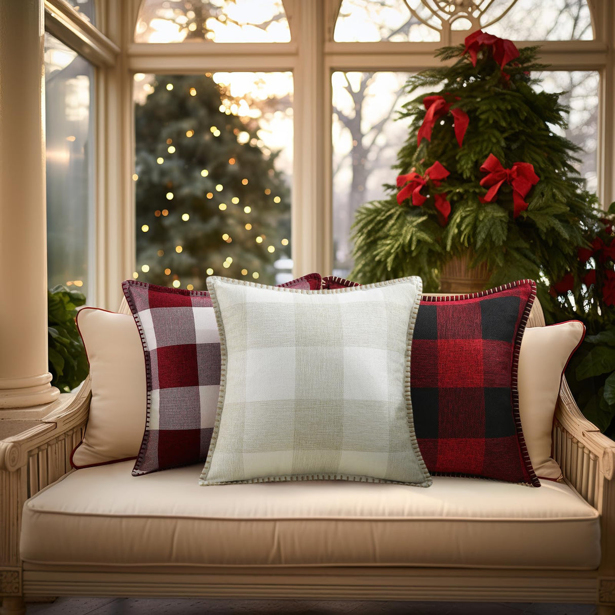 decorUhome Christmas Buffalo Plaid Check Throw Pillow Covers 20x20 Set of 2, Outdoor Linen Decorative Farmhouse Gingham Pillow Covers with Stitched Edge for Bed Couch Sofa, Cream White and Beige