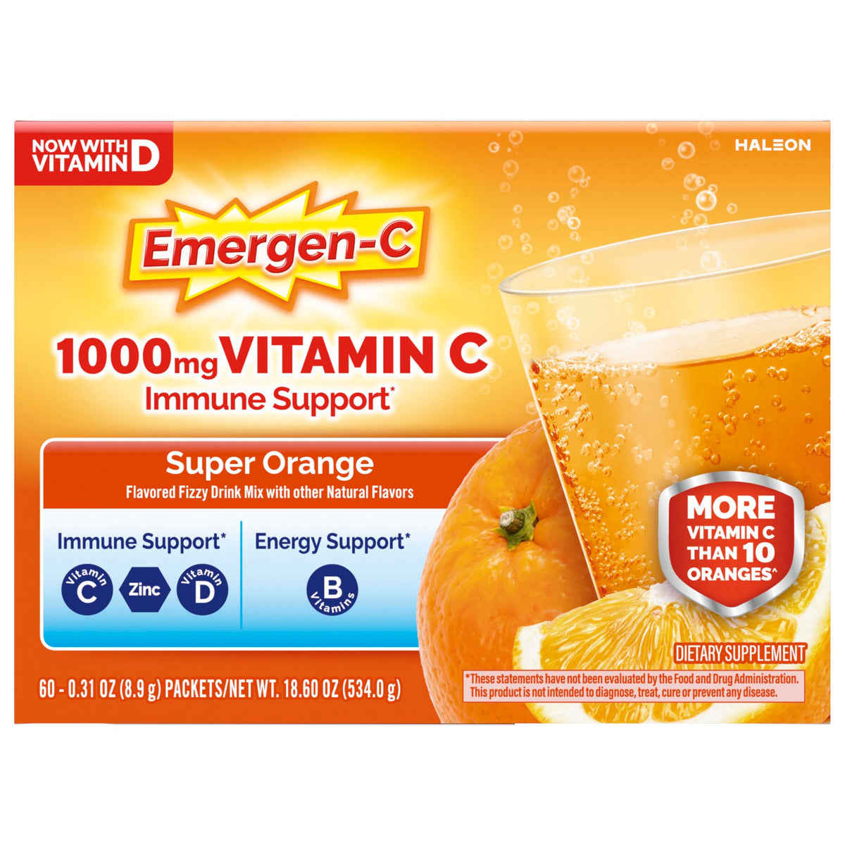 Emergen-C Vitamin C 1000mg Immune Support Powder, Orange, 60 Packets