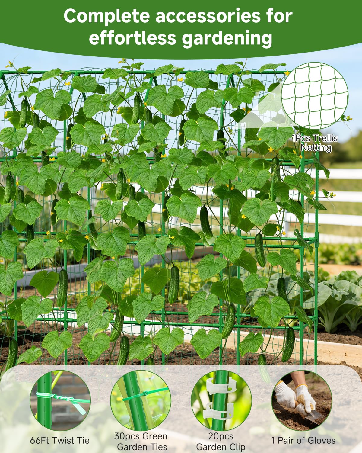 Cucumber Trellis for Climbing Plants Outdoor, A-Shape Garden Trellis for Raised Bed, Metal Plant Trellis with Garden Netting for Flower Vegetables, Pea, Grape ((67 * 17 * 65inch(L*W*H), Trellis)