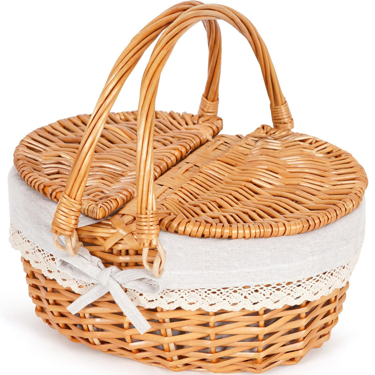 Happypicnic 12" Picnic Basket - Small Wicker Basket with Foldable Handle Lid & Removable Liner | Cute Picnic Basket Toy Empty for Kids, Gift, Halloween, Christmas, Valentines, Easter, Birthday, Solid