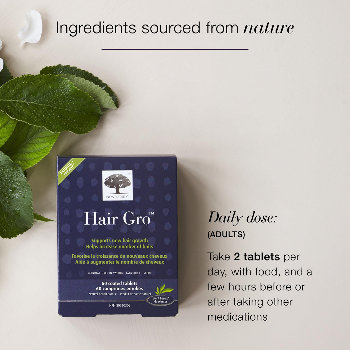 NEW NORDIC Hair GRO, Hair Growth Supplement, Biotin & Palm Fruit Extract Tocotrienols for Natural Regrowth, 60 Count (Pack of 3)