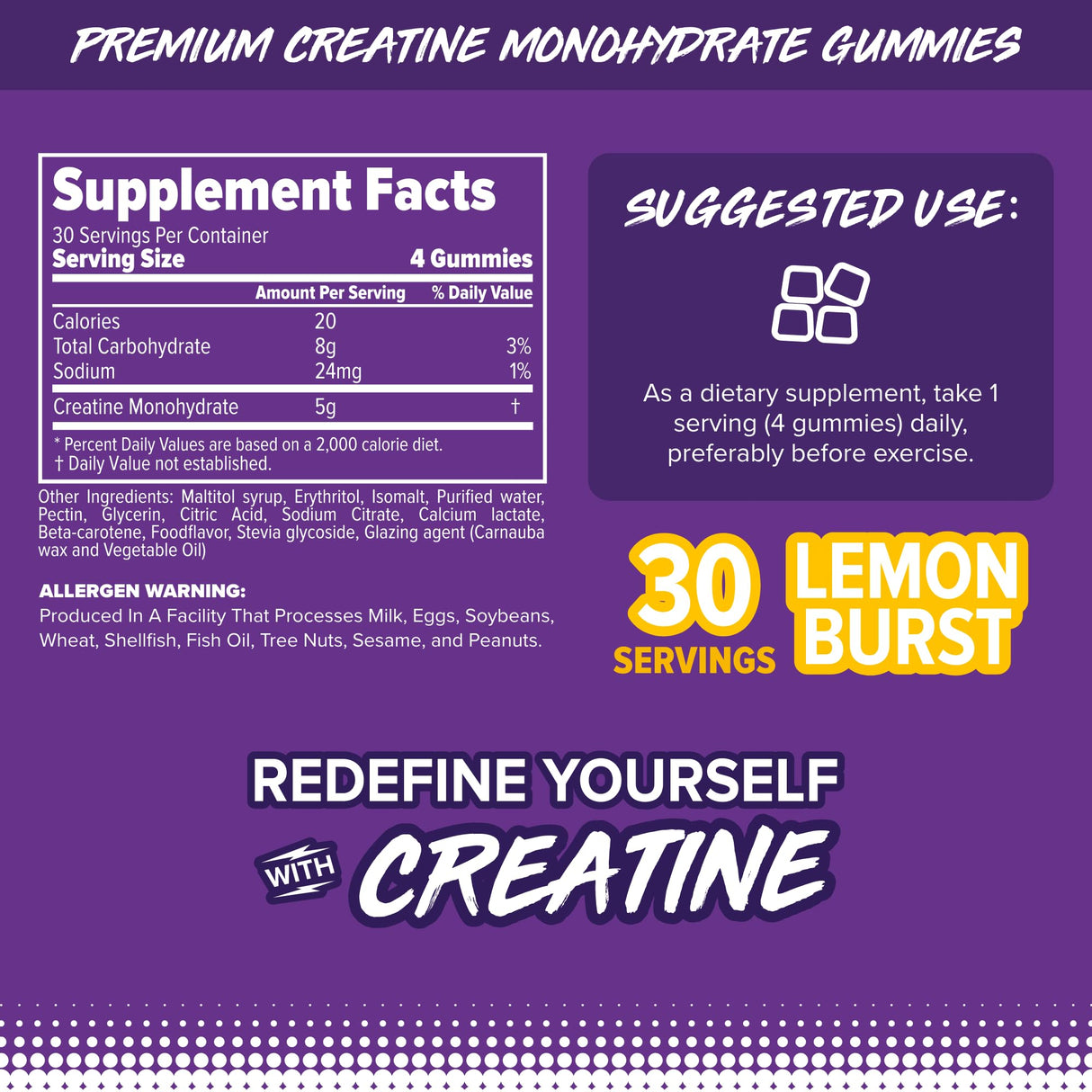 FINAFLEX Creatine Gummies - 120 Gummies - Lemon Burst Flavor - Promotes Muscular Strength, Size & Performance - 5g of Creatine Monohydrate Per Serving - 30 Servings