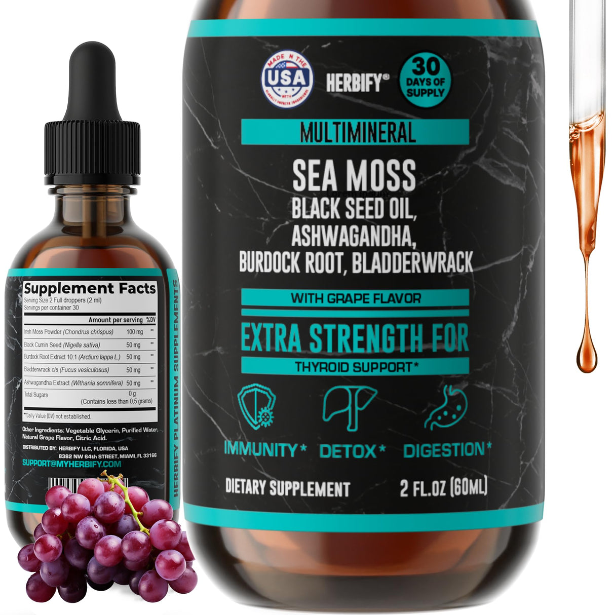 Sea Moss Multimineral Liquid Supplement - Irish Sea Moss Black Seed Oil Ashwagandha Burdock Root Bladderwrack - Gut Health, Immune & Thyroid Support for Women - Grape Flavor - 2 Fl Oz - Made in USA