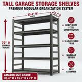 BEESTMUEBLE Garage Shelving, 3000 LBS Heavy Duty Metal Storage Shelves with Anti-Fall Rails, 5-Tier Adjustable Storage Rack for Garage, Warehouse, Basement, 35.4" W x 15.7" D x 72" H
