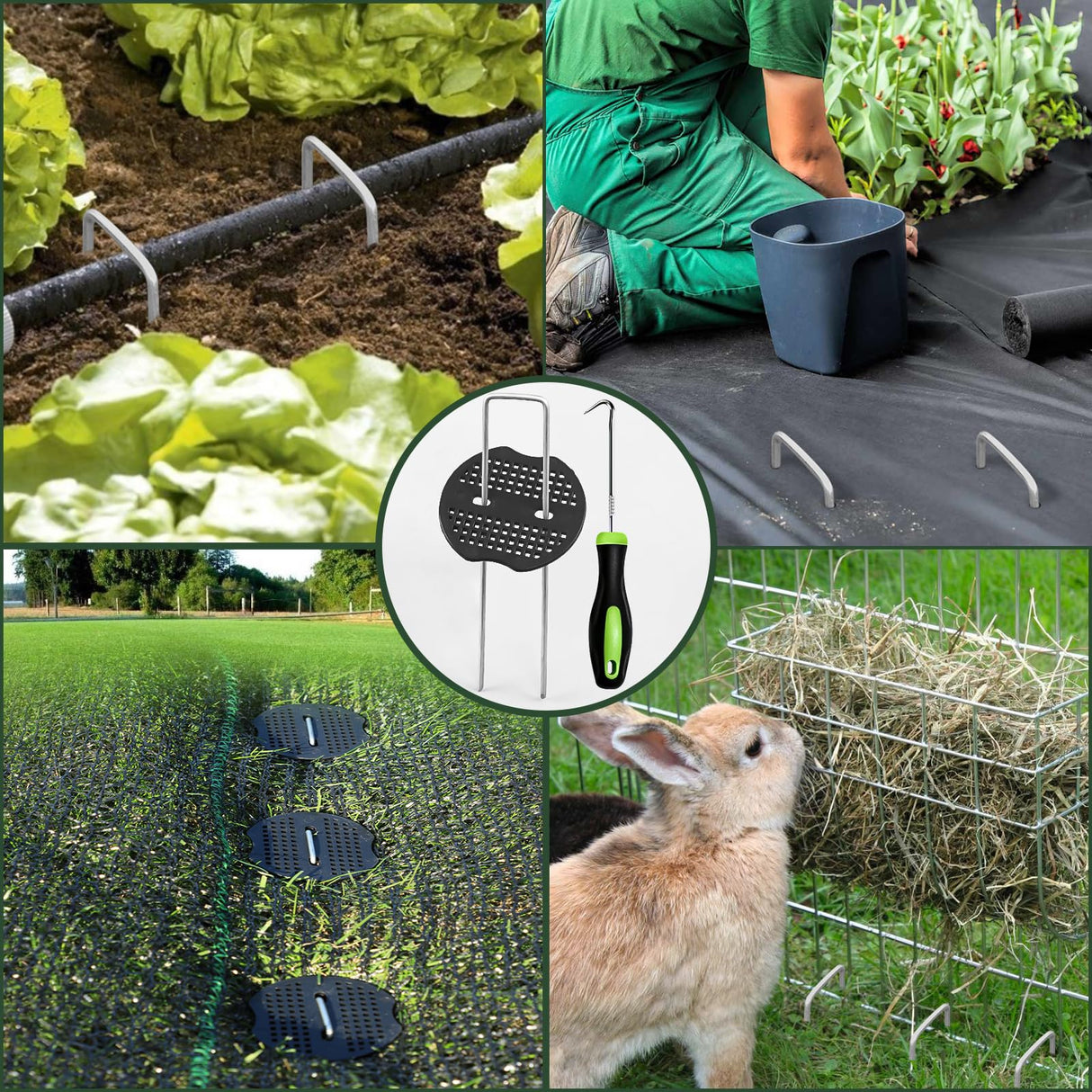 FEED GARDEN Landscape Staples 6 Inch 200 Pack Kit, Heavy Duty 11 Gauge Hot-Dip Galvanized Garden Stakes with 200 Gaskets & 1 Pick Hook for Weed Barrier, Landscape Fabric, Sod, Turf & Garden Edging