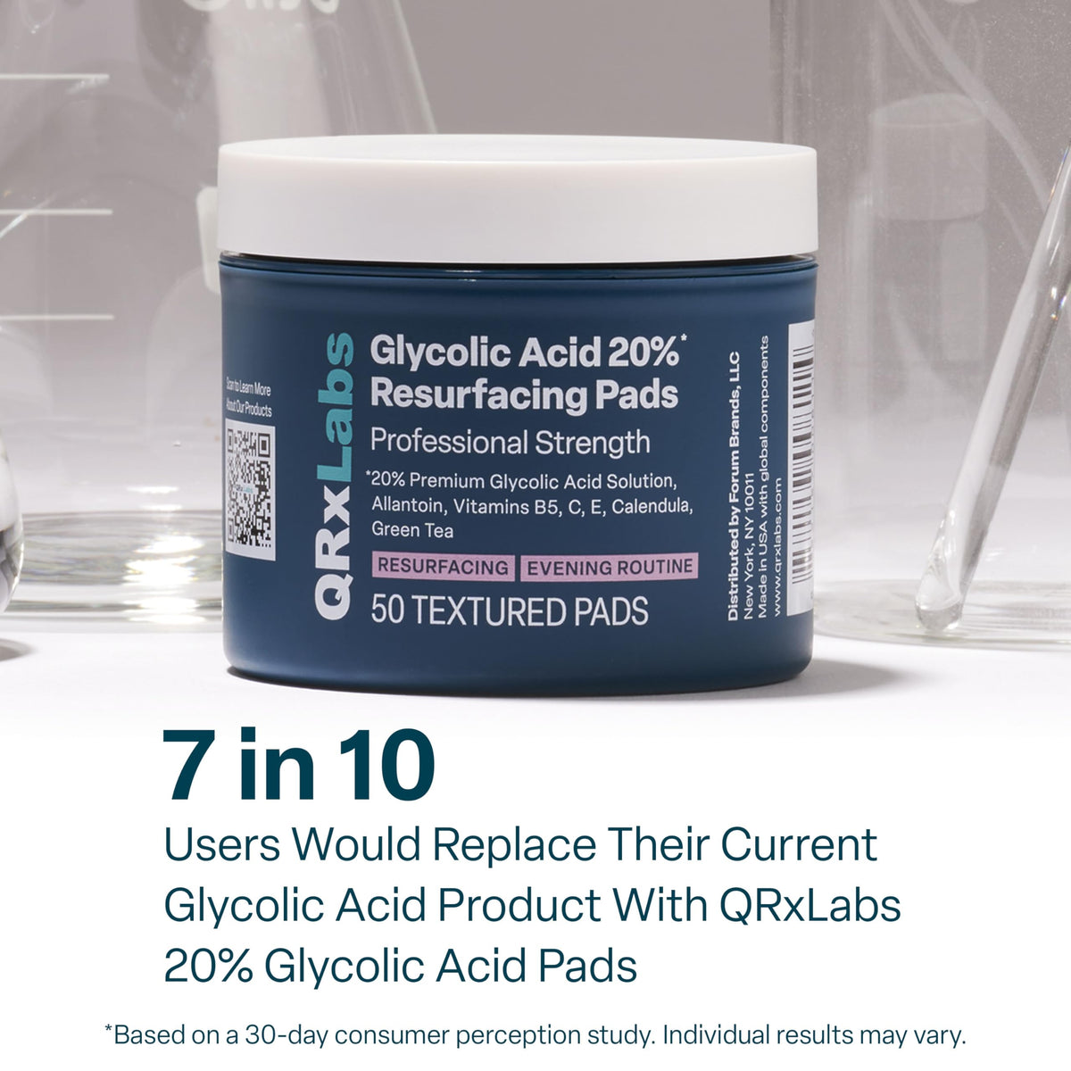 QRxLabs 20% Glycolic Acid Pads - Exfoliating Toner Pads, Face & Body - 50ct