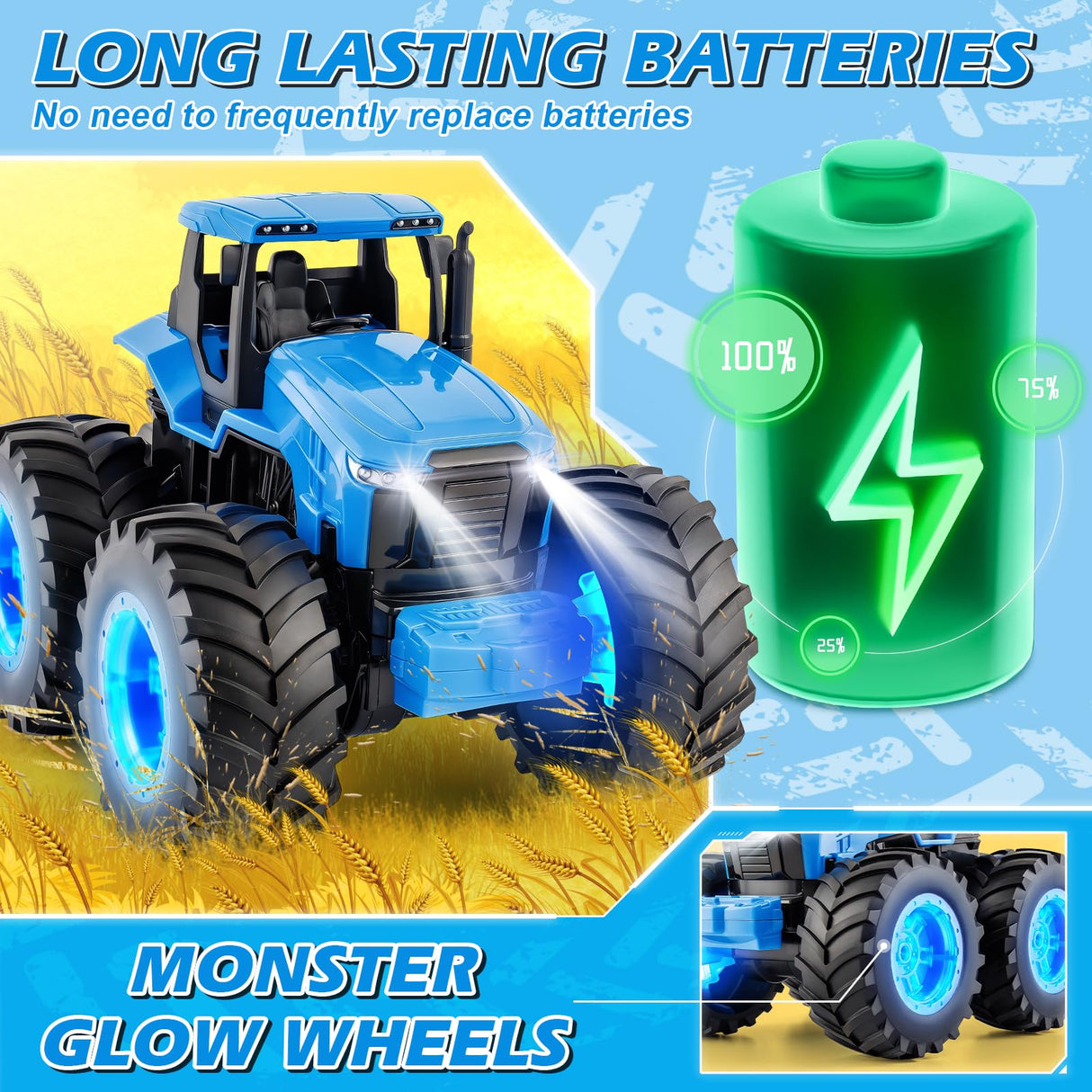 Remote Control Monster Tractor Toy for 3, 4, 5, 6, 7 years old, Blue Light Up Monster Trucks Toy with LED Lights Toddlers RC Farm Vehicle Toys for Boys ＆ Girls Ideal Christmas, Birthday Gifts for Kids