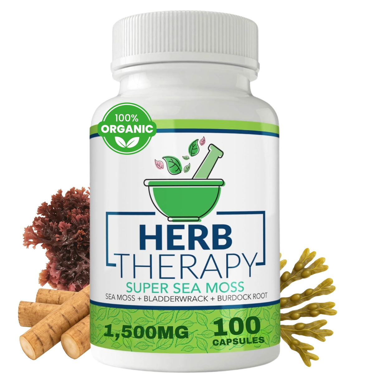 Herb Therapy Sea Moss Capsules 100 Pack - Irish Sea Moss with Bladderwrack Powder & Burdock Root Powder - Keto & Alkaline Diet Support - No Fillers Seamoss Raw Supplement
