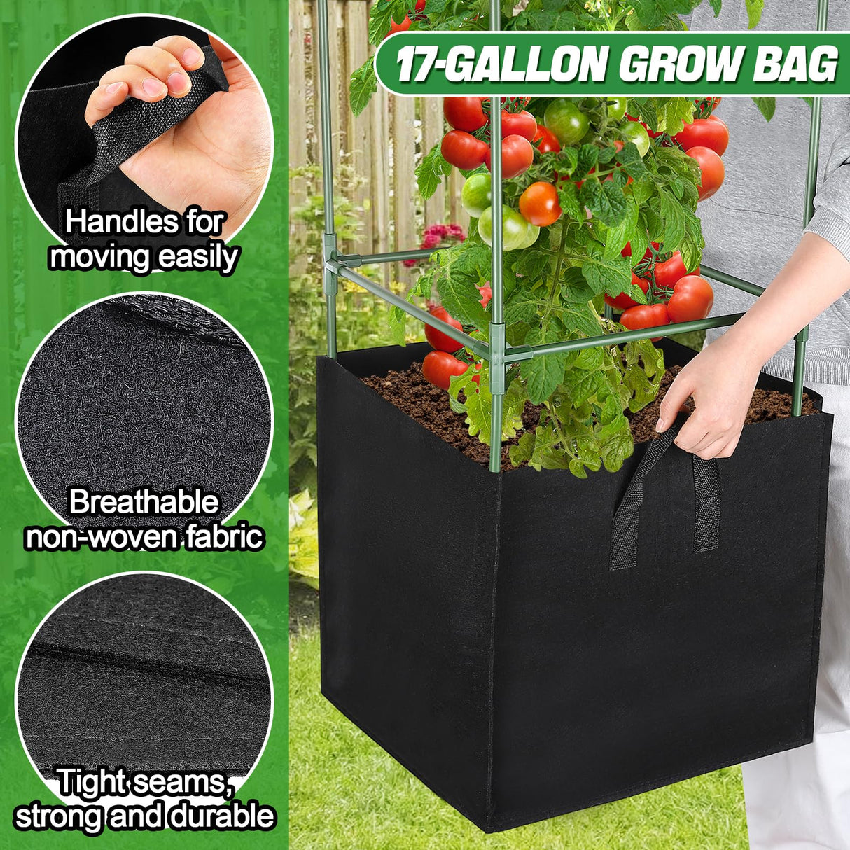 ANPHSIN Sturdy Square Tomato Cage with Movable 17 Gal Grow Bags, 3 Sets