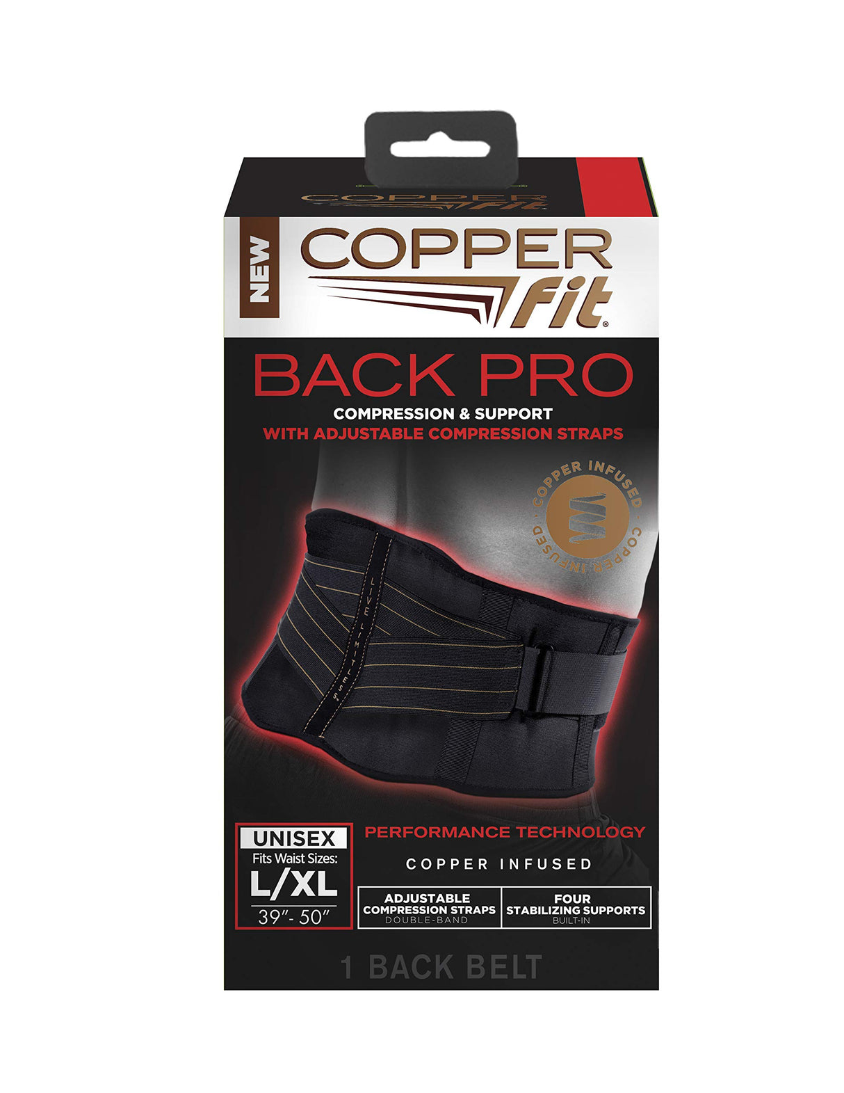 Copper Fit Pro Back Support, Black with Copper Trim, Large/X-Large, Unisex Waist Size 39”-50” (CFBACK)