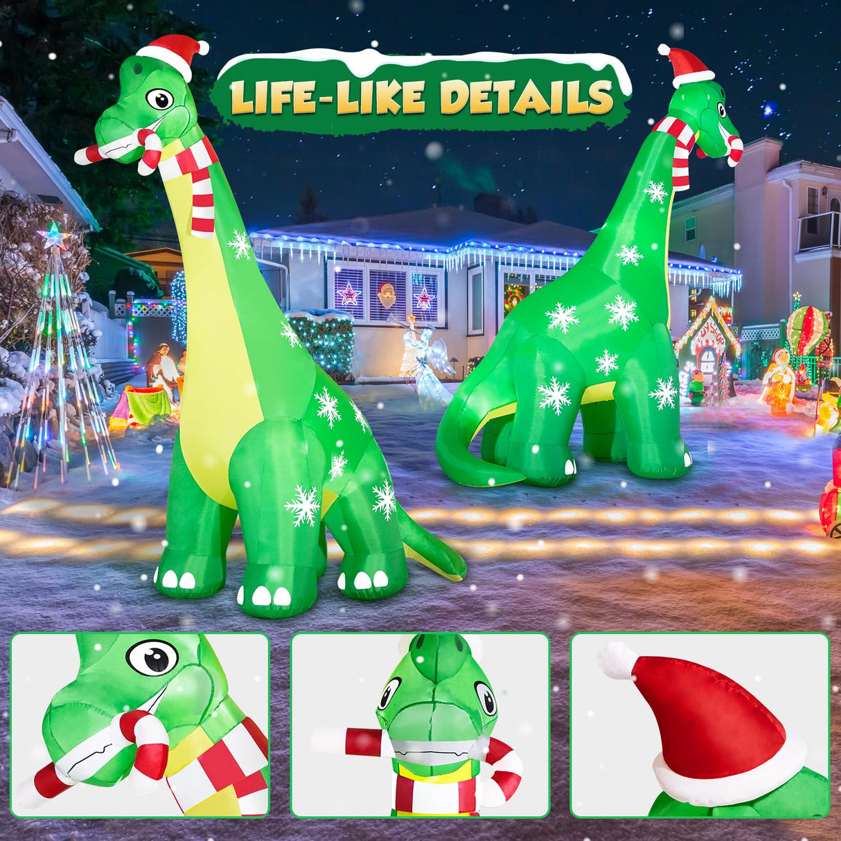 13FT Giant Dinosaur Christmas Inflatable Decorations, Built-in LED Lights, Strong Blower Huge Blow Up Yard Clearance Decor with Large Candy Cane Xmas Santa Hat Outdoor Indoor Holiday Party