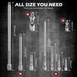 9-Piece Socket Extension Bar Set, 1/4" & 3/8" Drive Ratchet Extensions 2", 3", 4", 6", 8" & 10" with Universal Joints, CR-V Steel for Tight Spaces