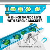 DURATECH 6.25-Inch Level, Magnetic Torpedo Level with 0°/30°/45°/90° Bubbles, V-Groove, Large Viewing Window, Aluminum Alloy Body, Hanging Hole, SAE and Metric Scale for DIY Projects and Household Use